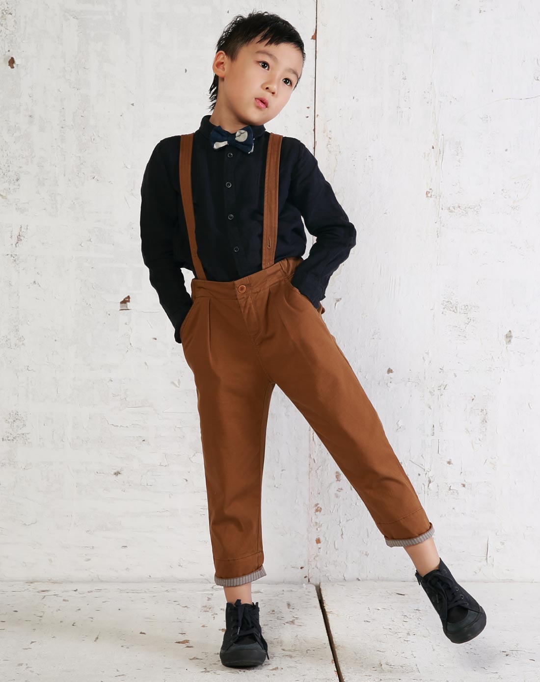男童英式卡其复古弹性背带裤
