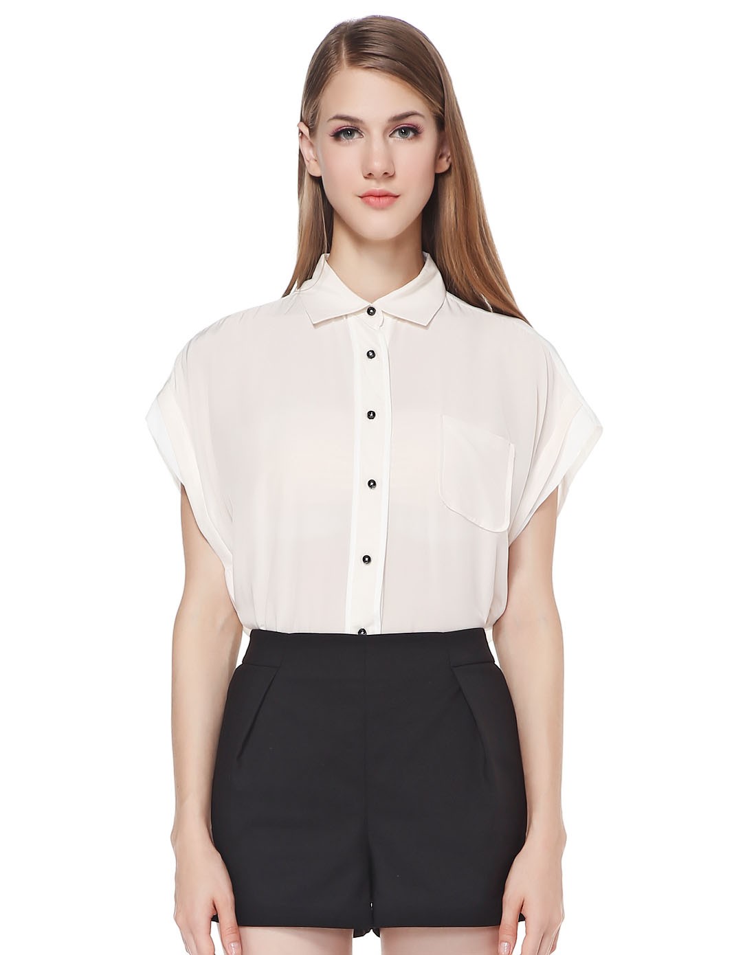 米白色舒适简约盖肩袖衬衫