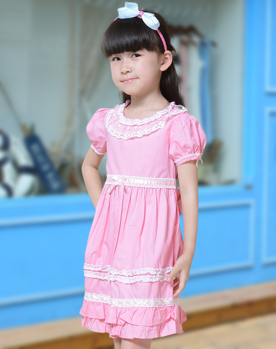 女童粉色蕾丝边蝴蝶结纯棉公主连衣裙