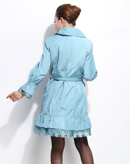 翠兰色简约双排扣长袖风衣