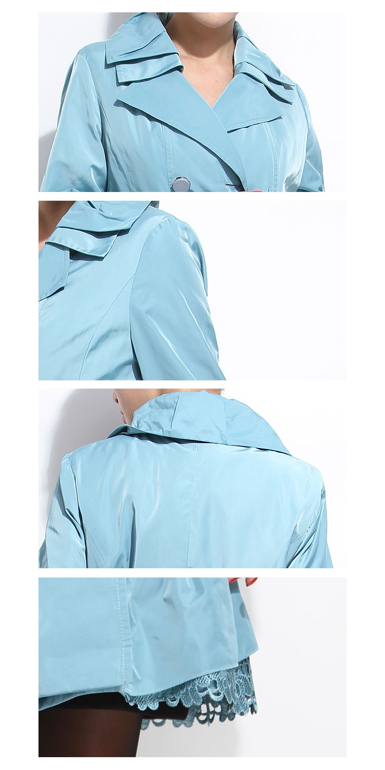 翠兰色简约双排扣长袖风衣