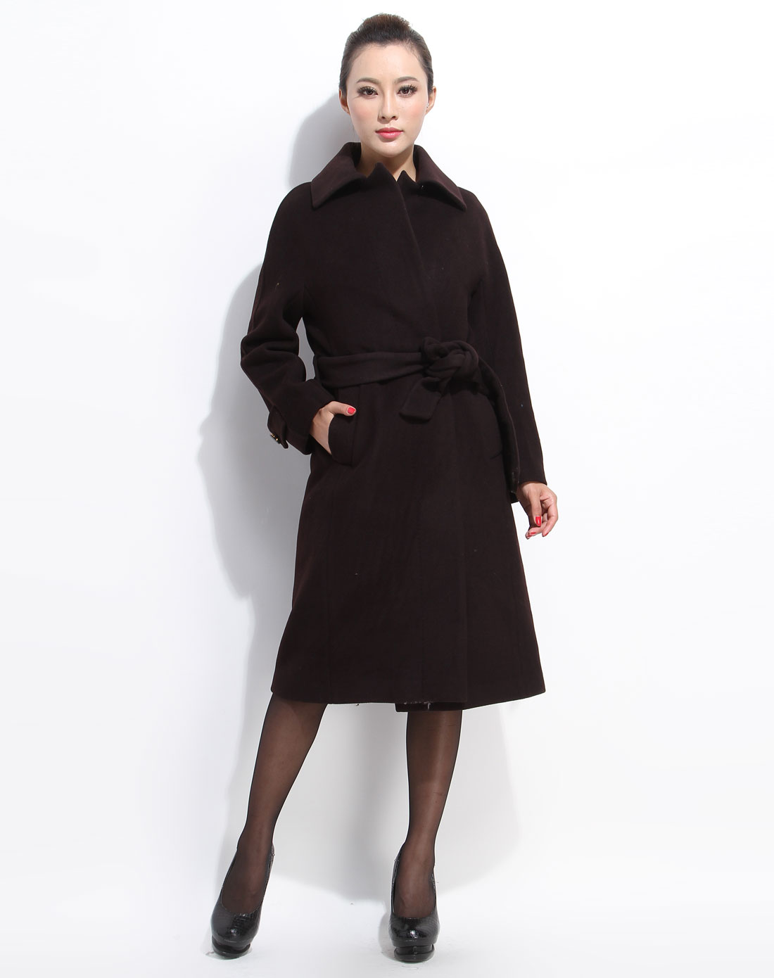 斯尔丽sierli.collection女装专场-紫咖色束腰长袖长款大衣