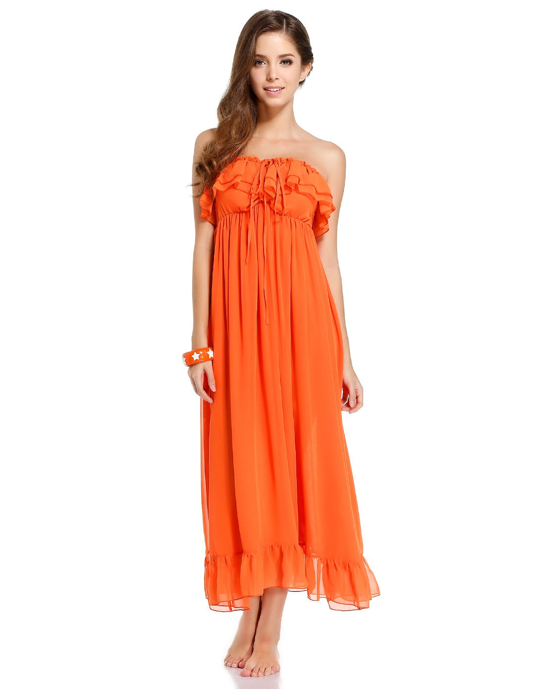 (特惠)imi's女款橙色简单拼色抹胸荷叶边长裙