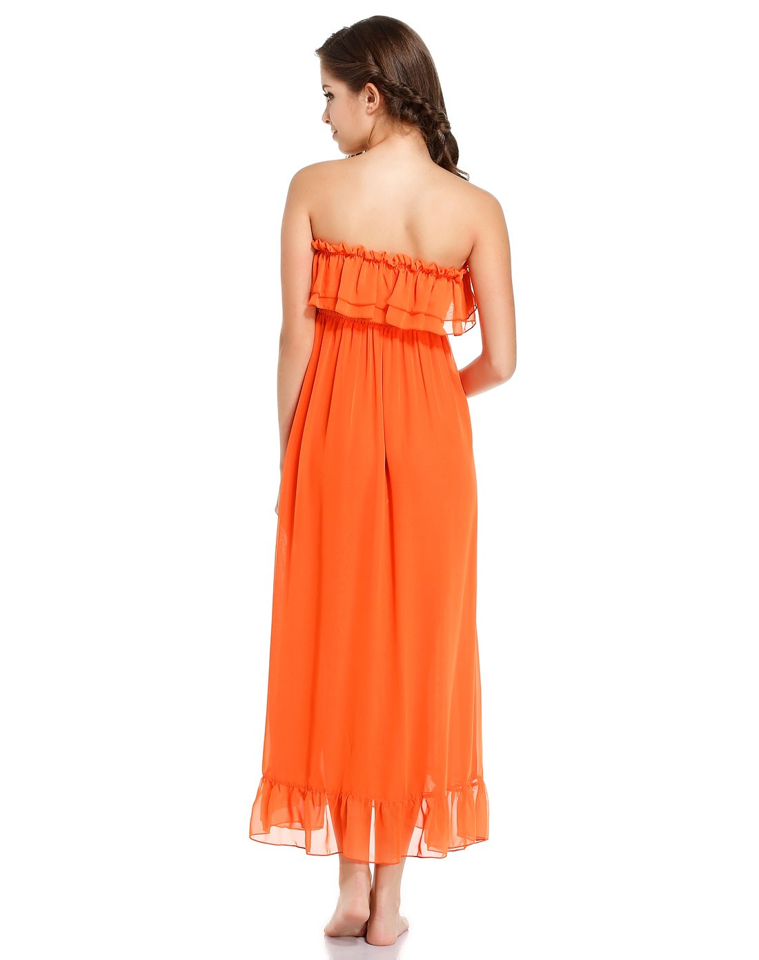 (特惠)imi's女款橙色简单拼色抹胸荷叶边长裙