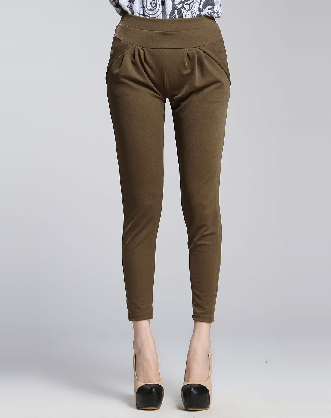 咖绿色纯色紧身长裤