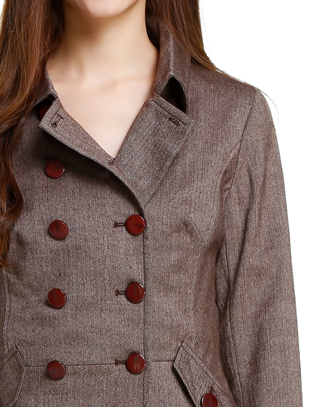 咖啡色人字纹双排扣长袖外套