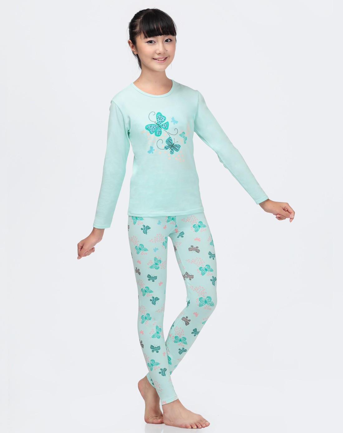 瑁恩瑁爱&久岁伴内衣家居服久岁伴 浅蓝绿女童超柔棉圆领长袖内衣套装