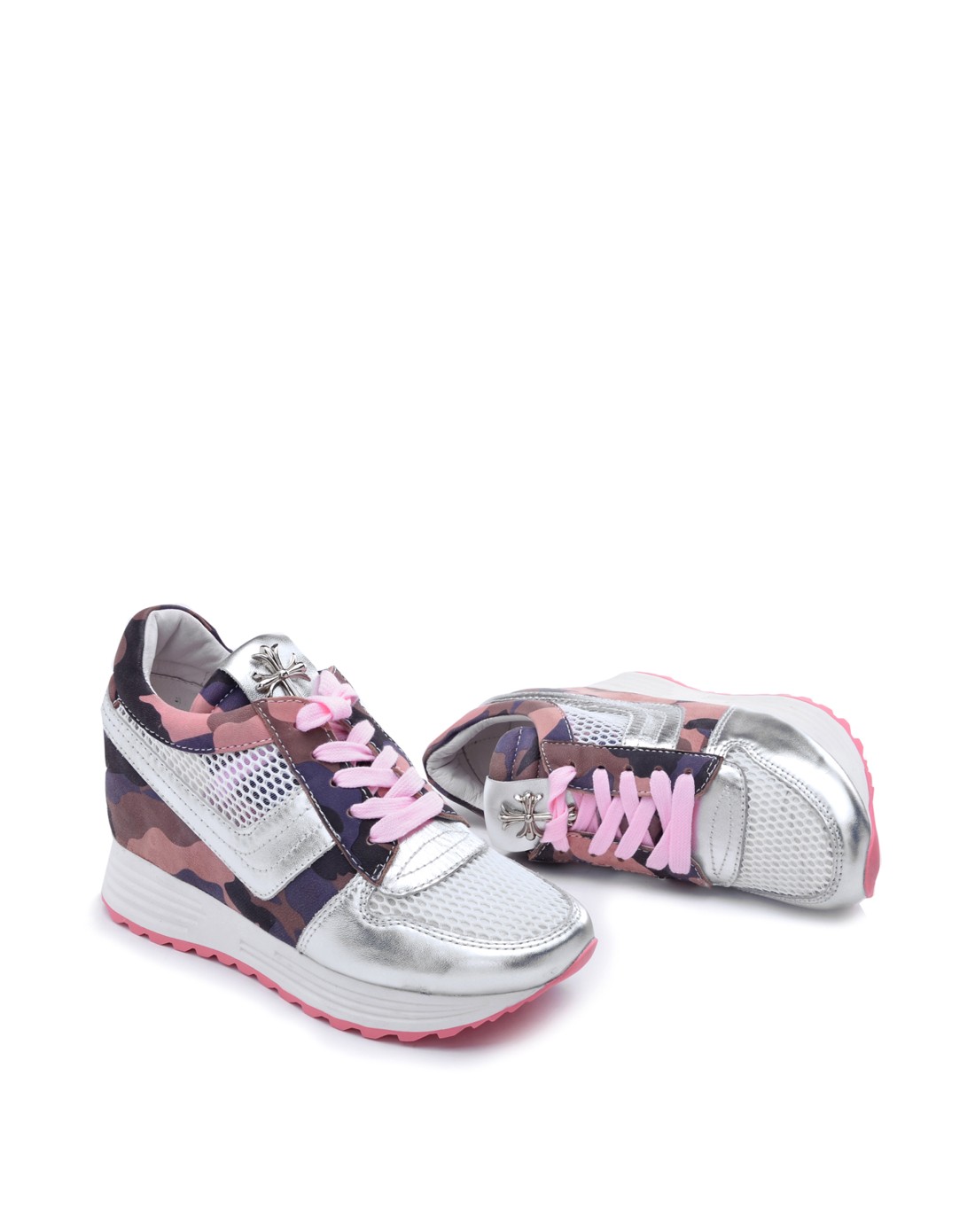 西村名物牛皮粉色时尚运动风内增高女鞋网纱深口女单鞋