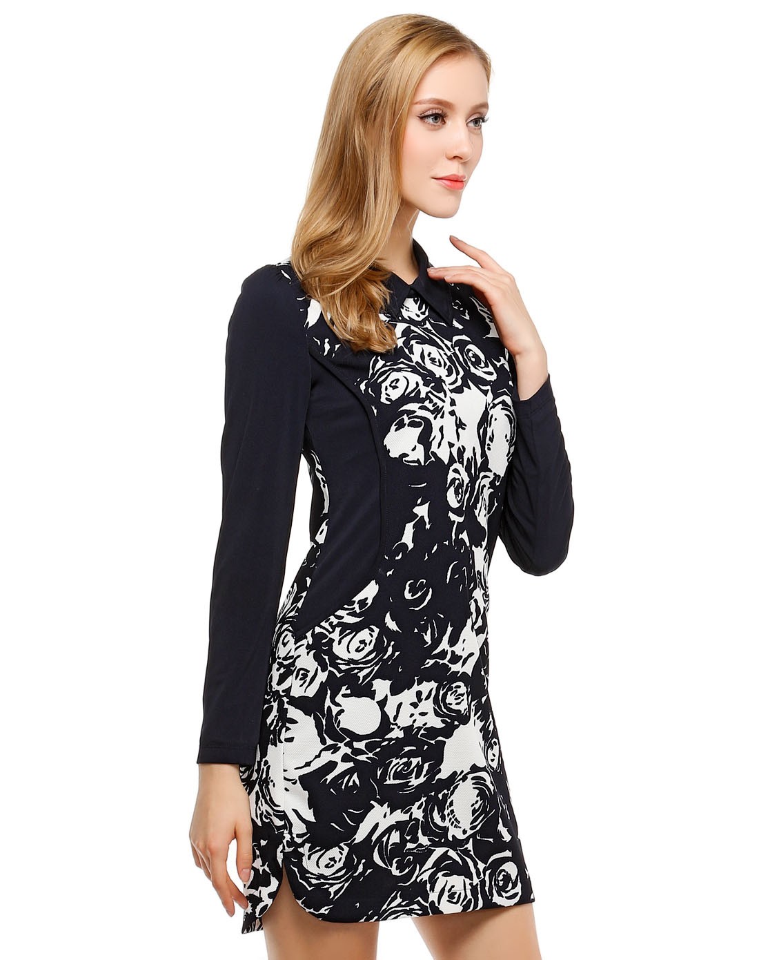 丹尼爱特daniel hechter女装专场 藏蓝/白色斯文淑女长袖连衣裙