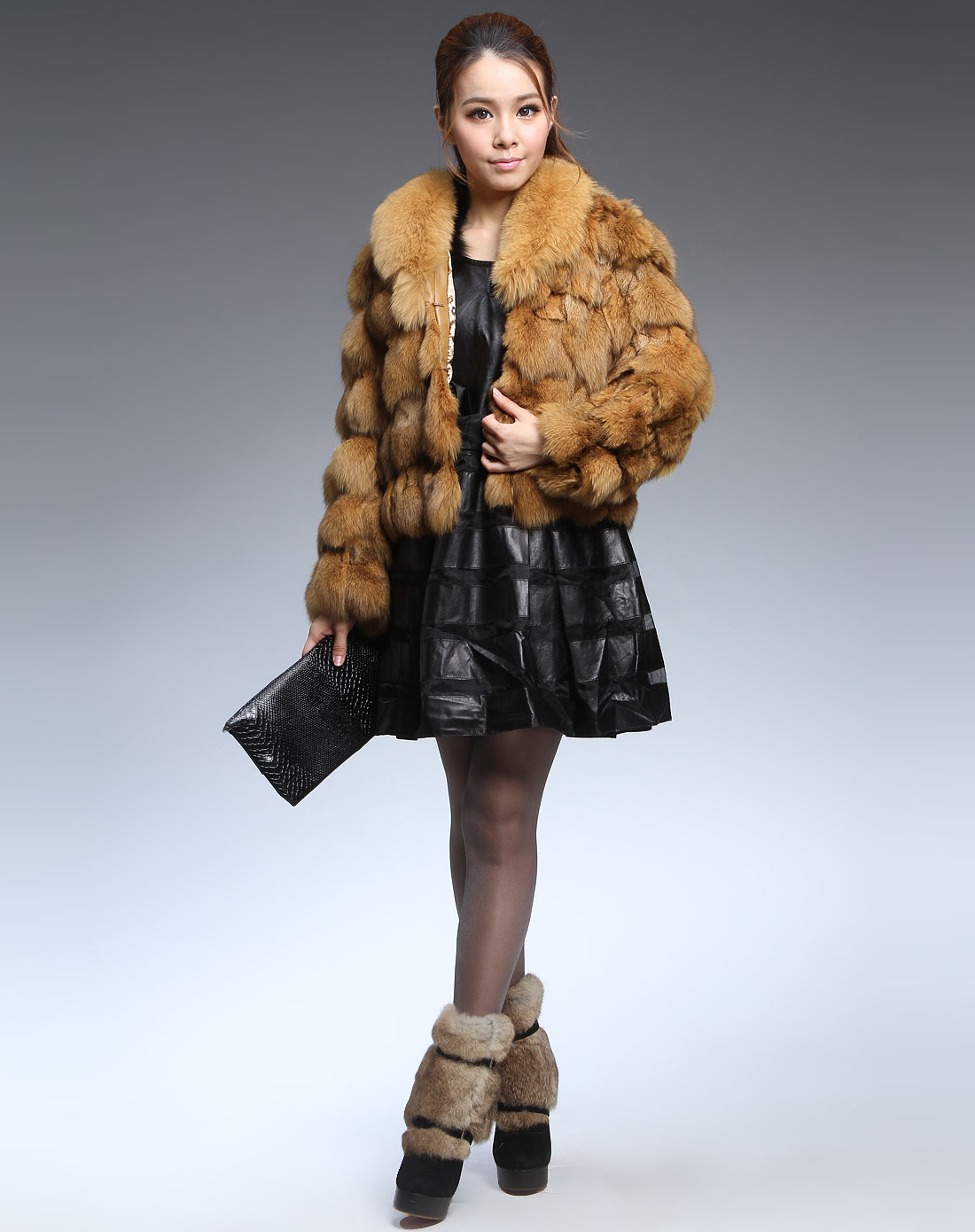 丝纷sifone女装专场-黄色狐狸毛长袖皮草外套