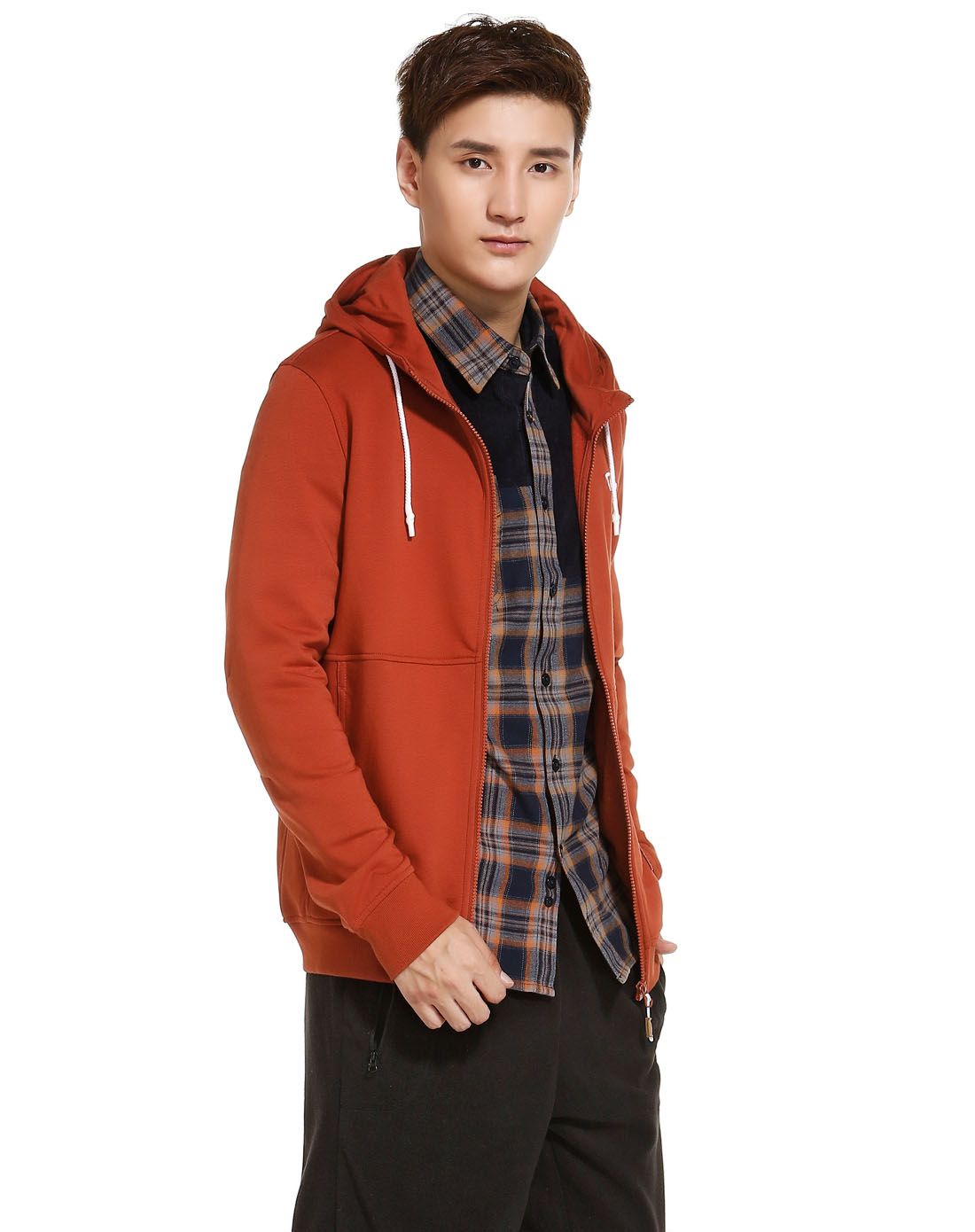 舒适保暖 男款深橘红色卫衣款外套 长袖连帽