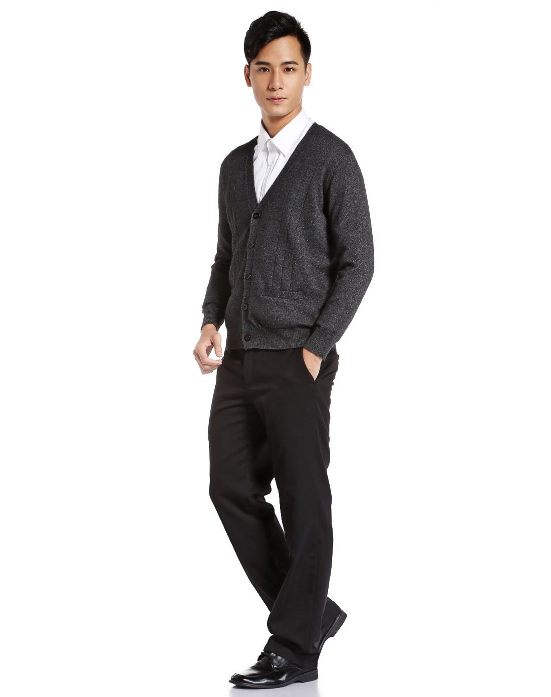 男士黑灰色羊绒经典男v领开衫羊绒衫