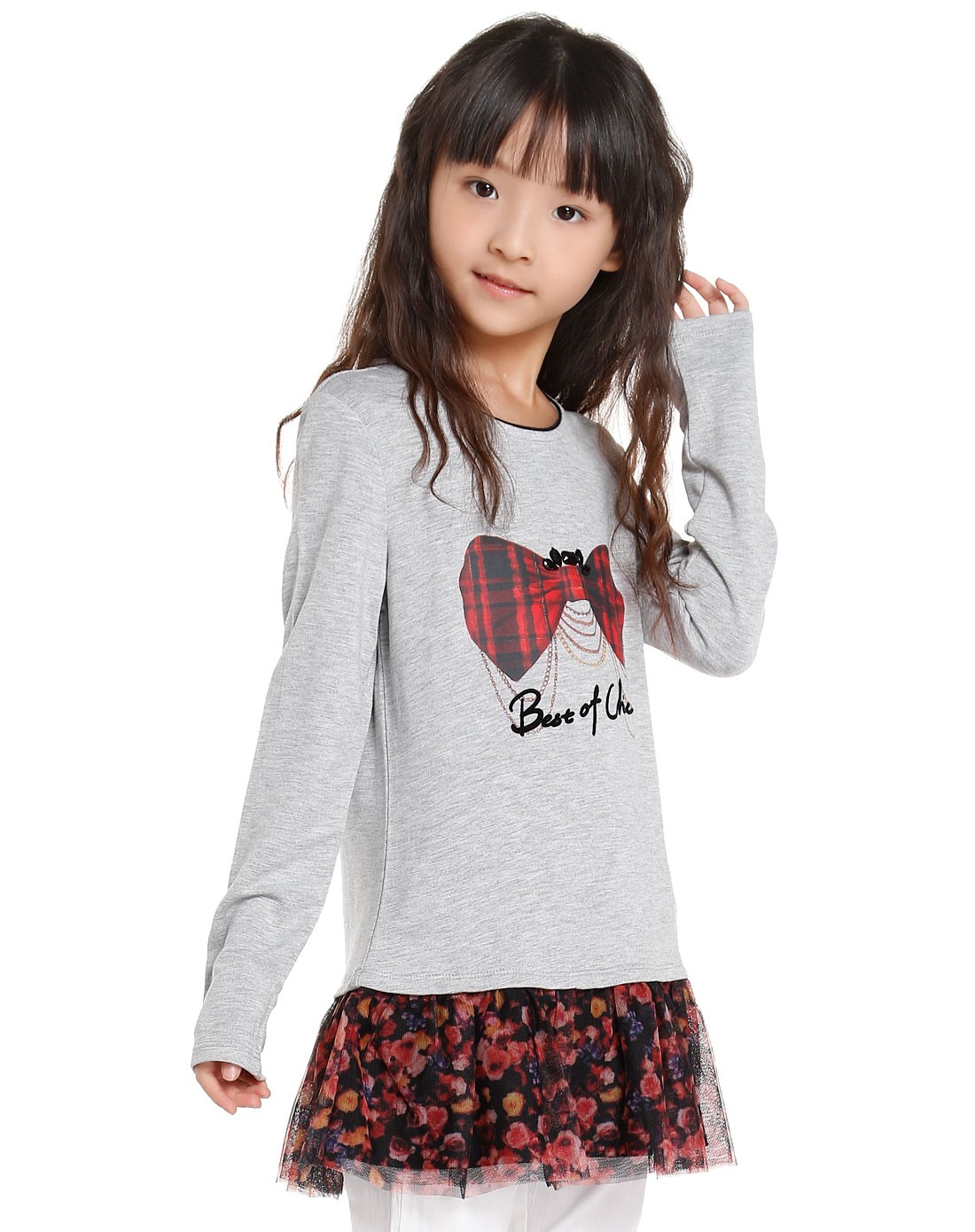 女童花灰色裙摆时尚长袖t恤
