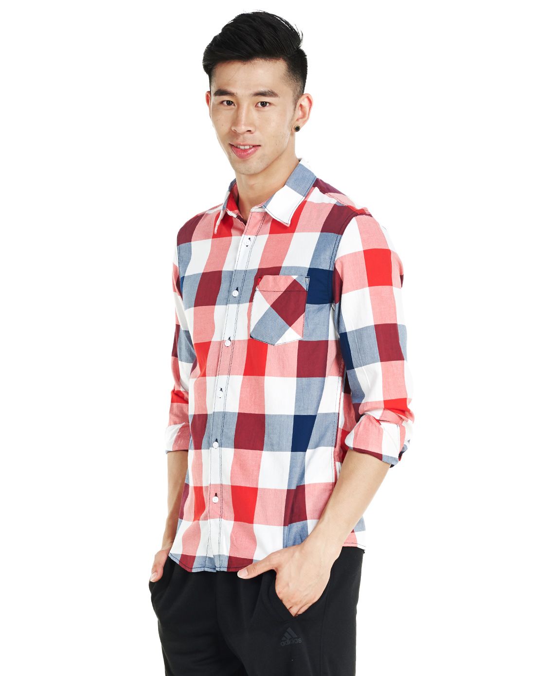 舒适纯棉 男款红白蓝格纹长袖衬衫