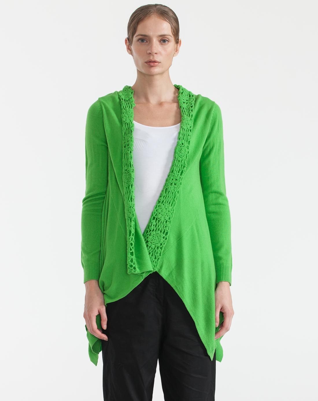 艳绿简约镂空拼接长袖针织开衫