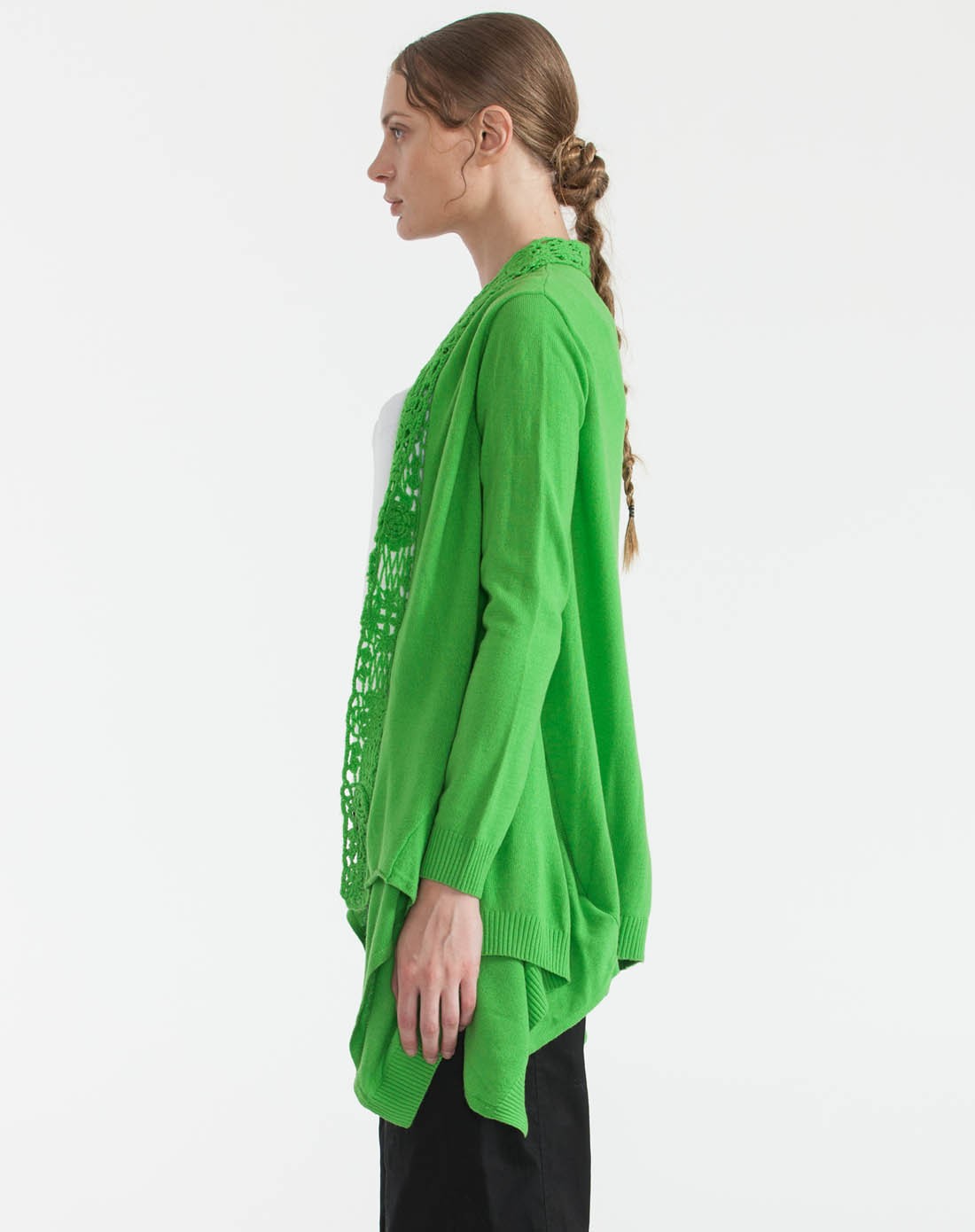 艳绿简约镂空拼接长袖针织开衫