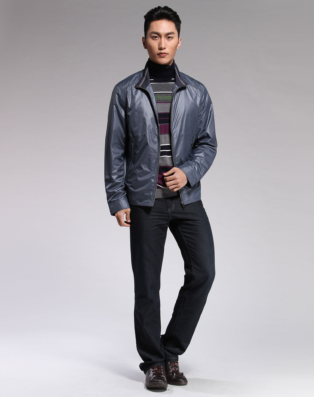 佛伦帝奴fllorinteno男装专场-深蓝色格纹休闲长袖外套
