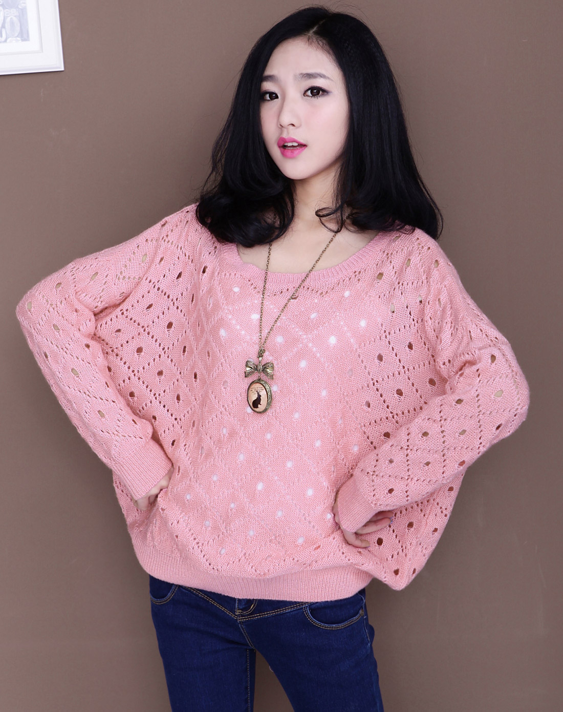 女款粉色纯色长袖镂空针织衫