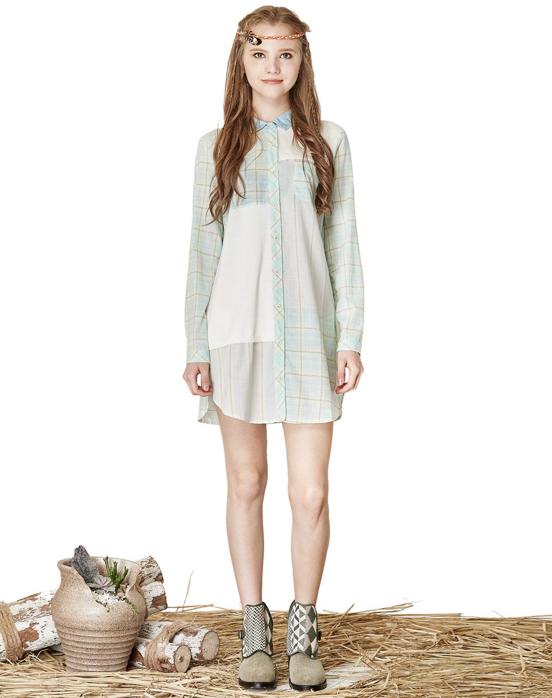 飞鸟和新酒/avvn女款葱青拼毛衫片长款衬衫ad34161092_唯品会