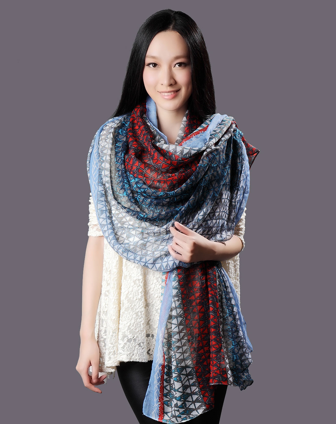 蓝/西瓜红色时尚优雅围巾