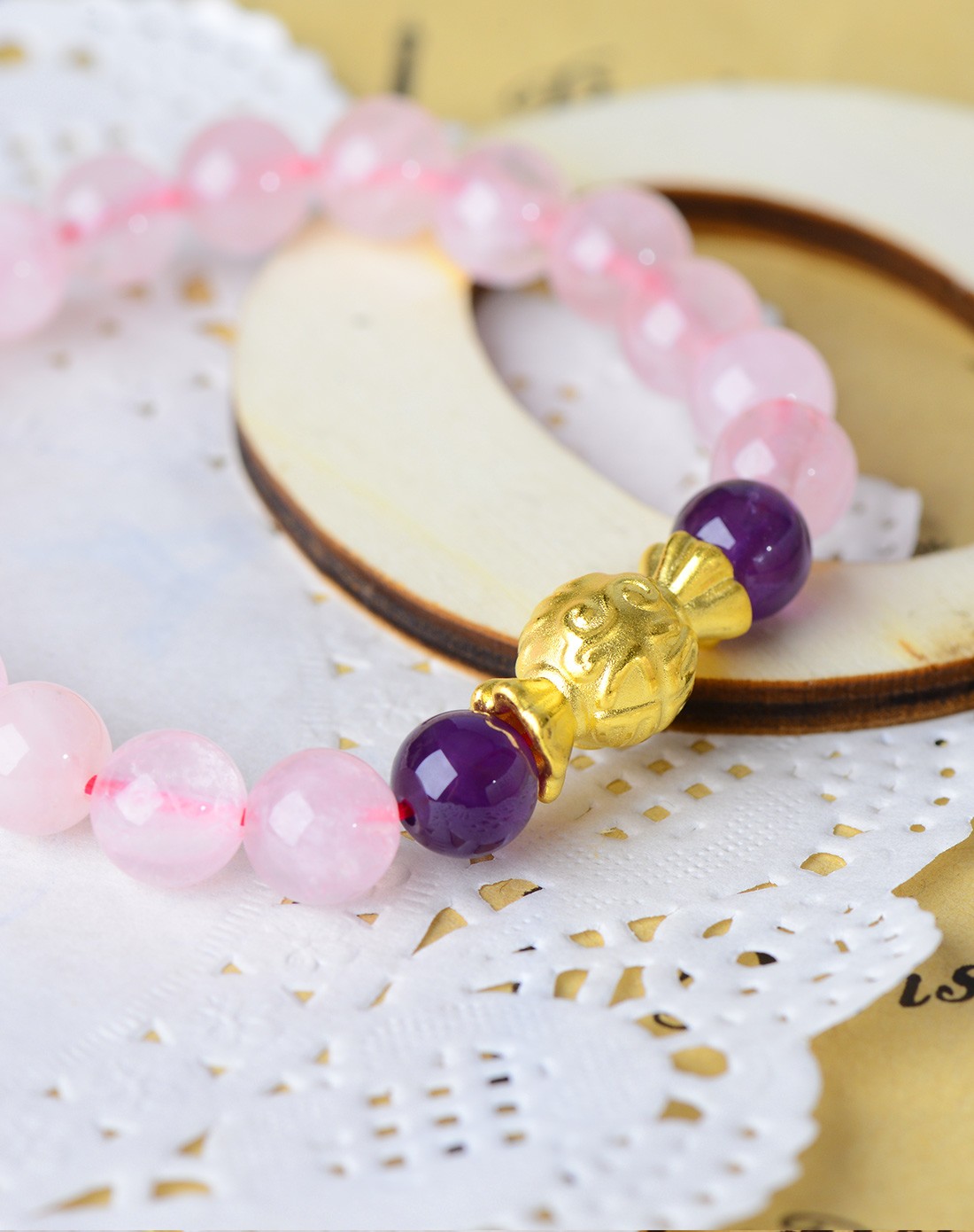 3d硬千足金黄金转运珠萌物糖果紫晶粉晶手串(1.62克)