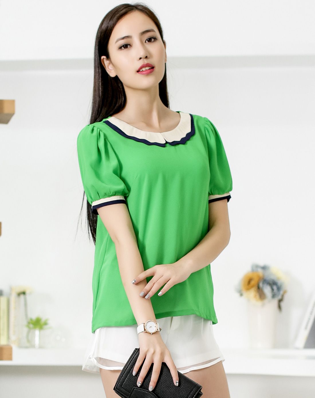 绿色波浪领口时尚短袖雪纺衫