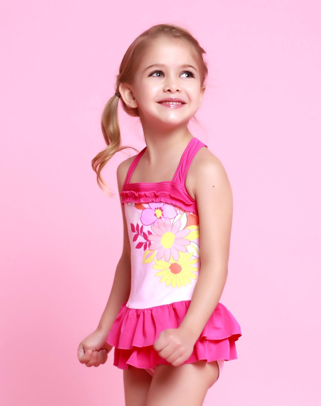 兰嘟吡 女童红色太阳花连体三角泳衣