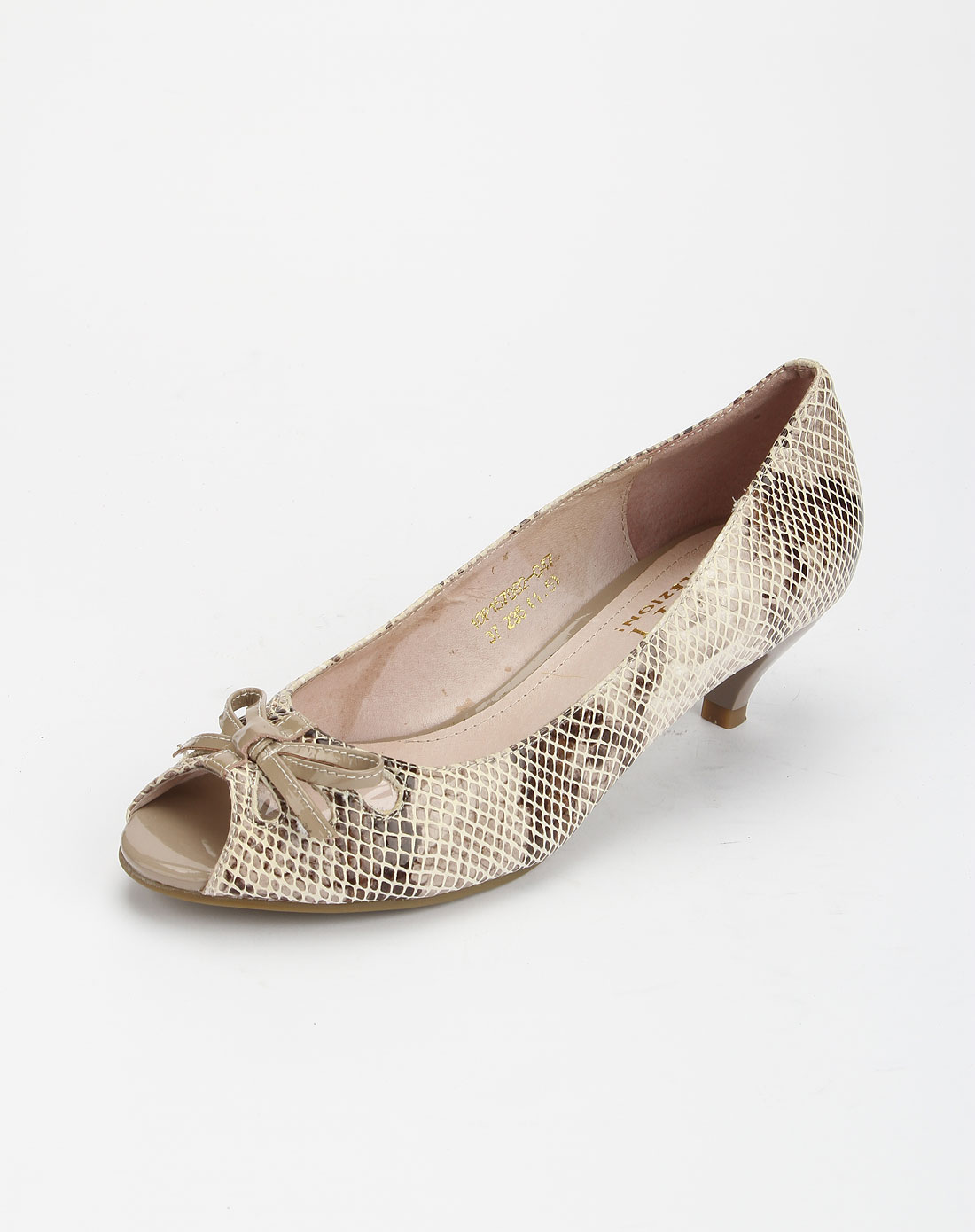 芭迪patty女鞋专场-女款咖啡色蛇纹中跟鱼嘴鞋