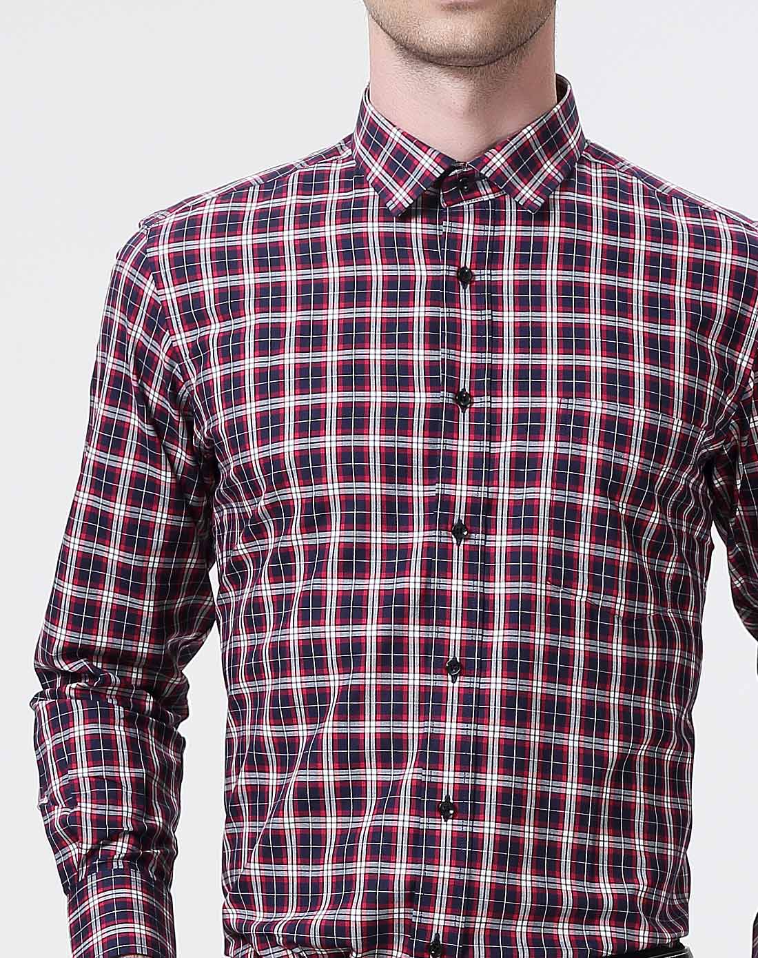 红色格子时尚长袖纯棉衬衫