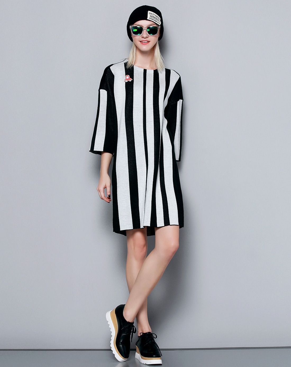 唯颂 秋季七分袖宽松腰直筒h廓形连衣裙欧美黑白条纹时尚中裙