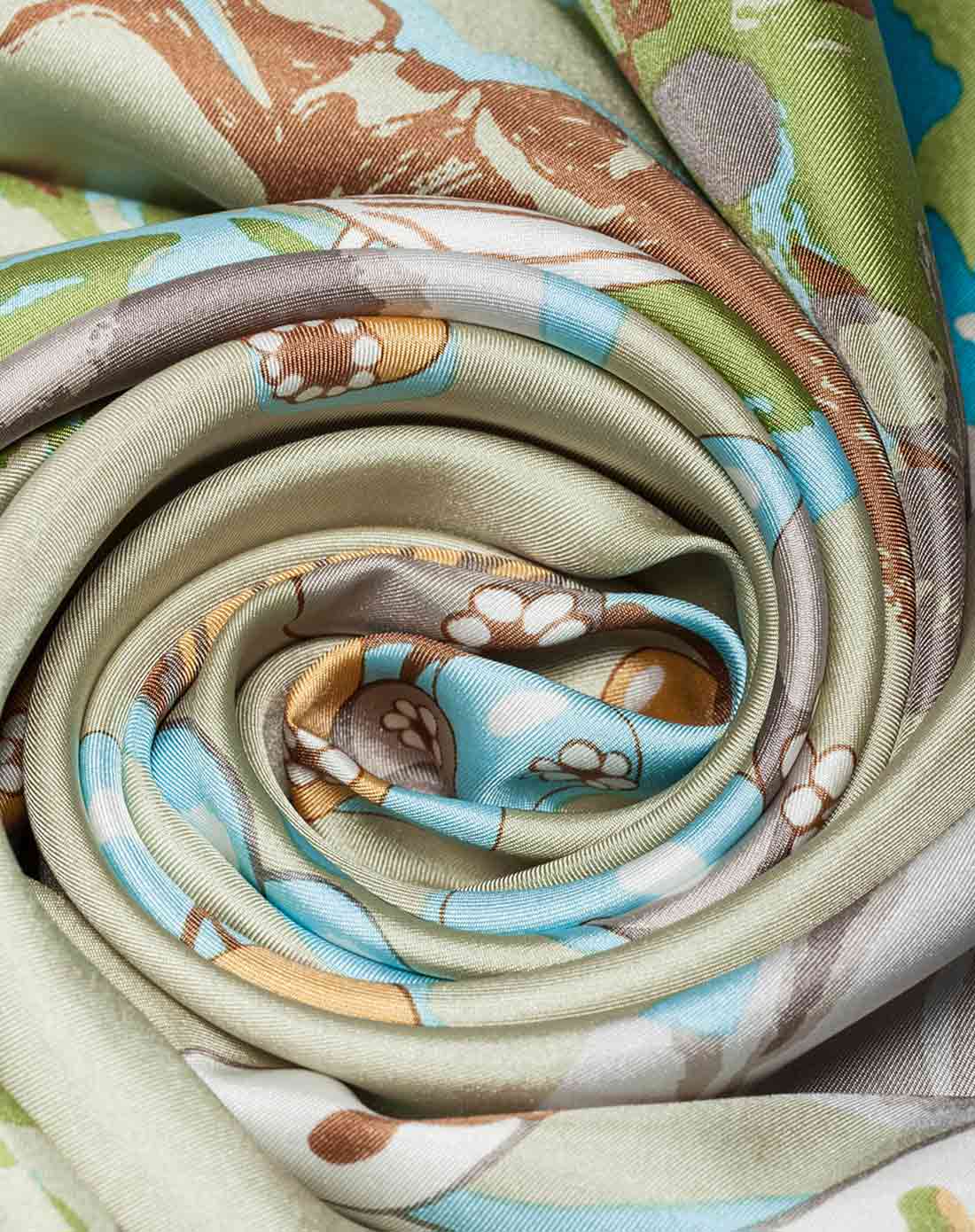 kurki配饰专场天籁之音系列麋鹿与玫瑰印花女士丝巾 天青色1o12s648