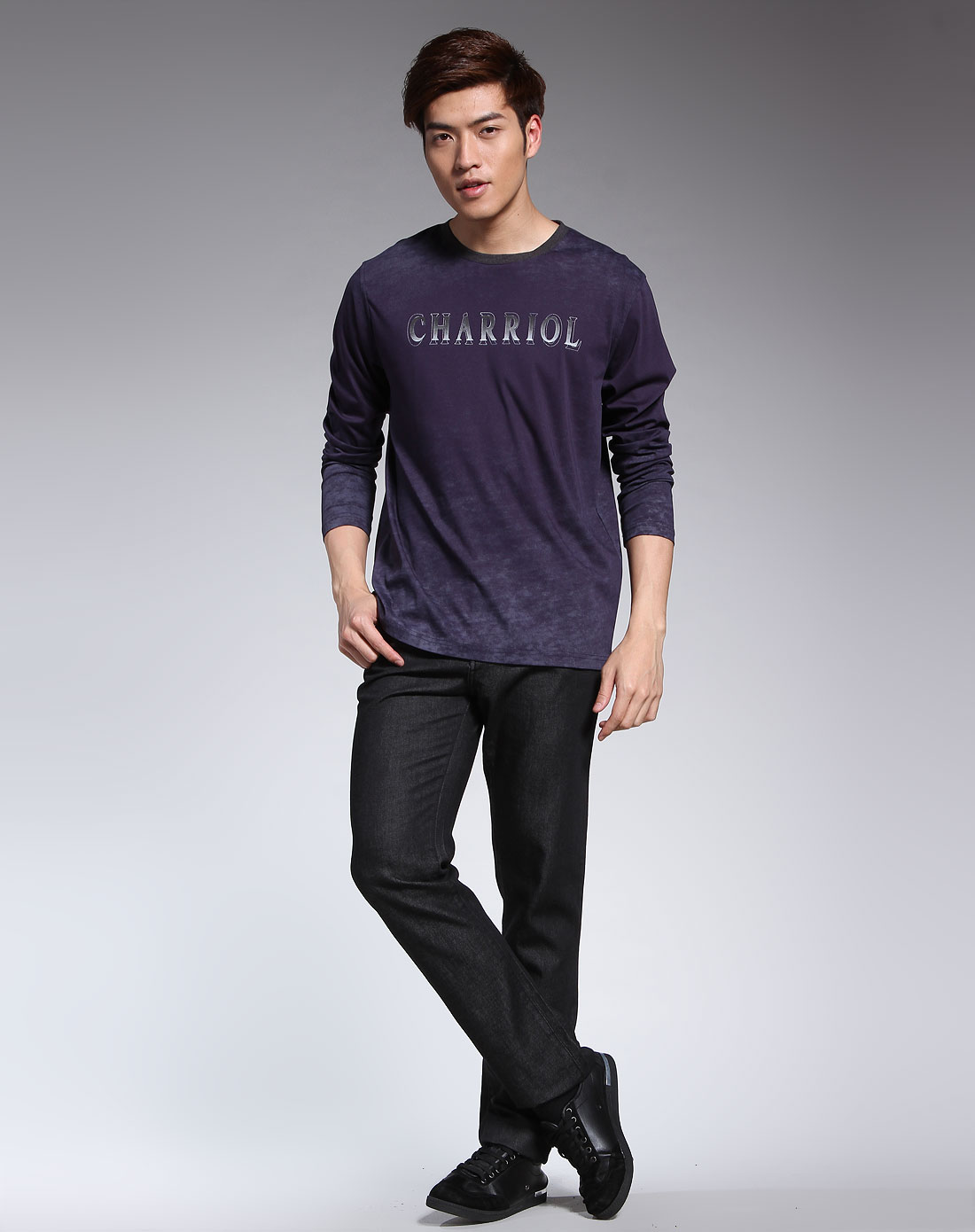 夏利豪charriol男装专场-深紫色印花长袖t恤