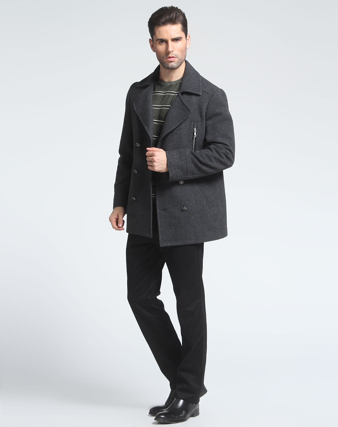 夏利豪charriol男装专场-炭灰色翻领开襟绒面长袖大衣