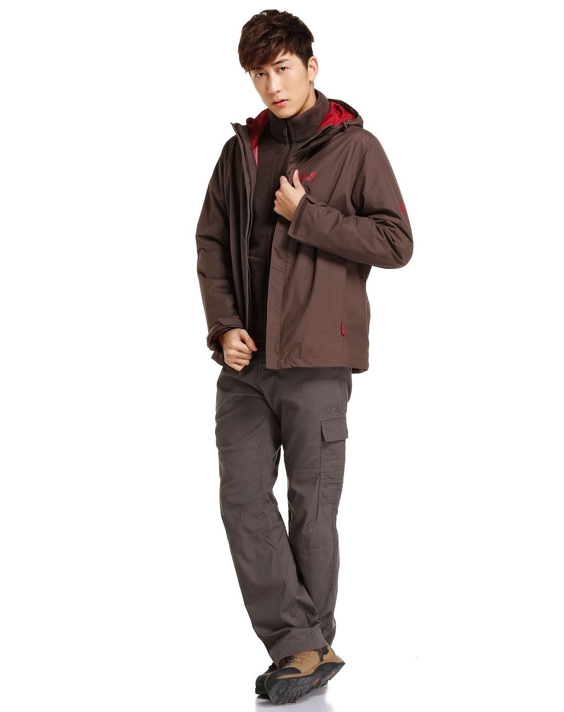 三合一 男款摩卡色长袖冲锋衣 连帽两件套