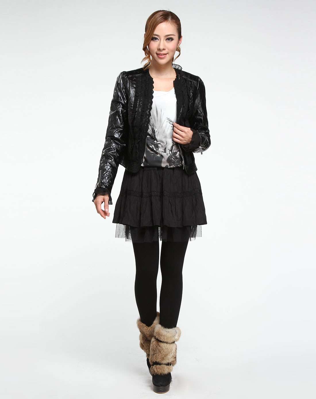 艾米拉aimila女装专场-黑色百搭蕾丝花边短款长袖棉袄