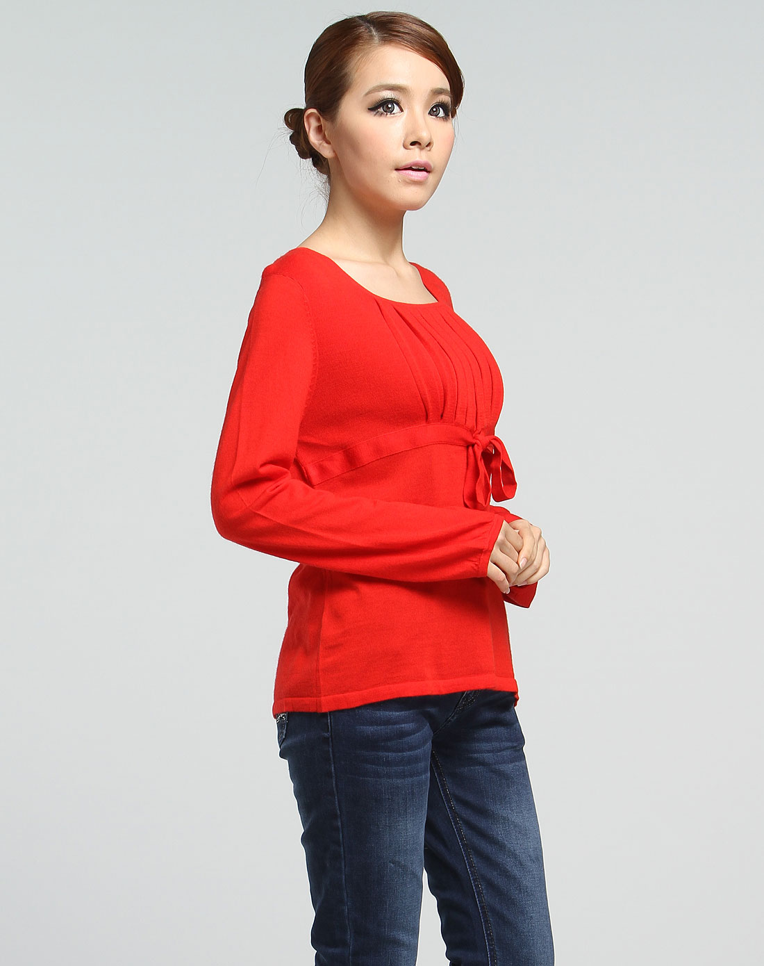 艳红色优雅百搭长袖针织衫