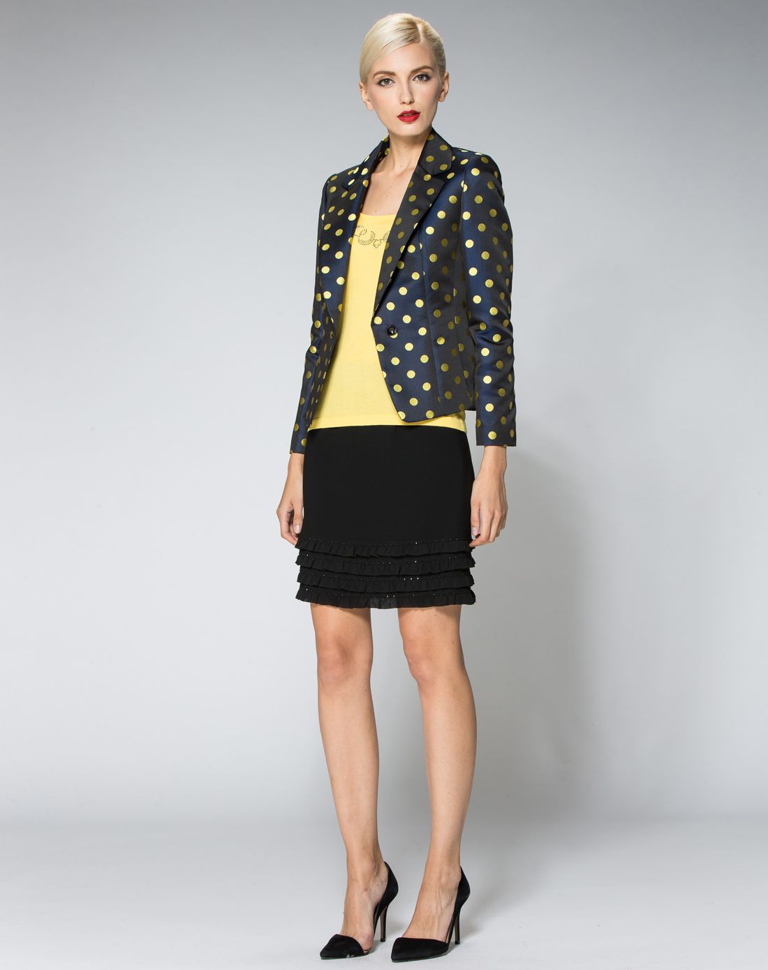 路逸沙·美louisa m女装专场 藏蓝/黄色圆点翻领长袖外套