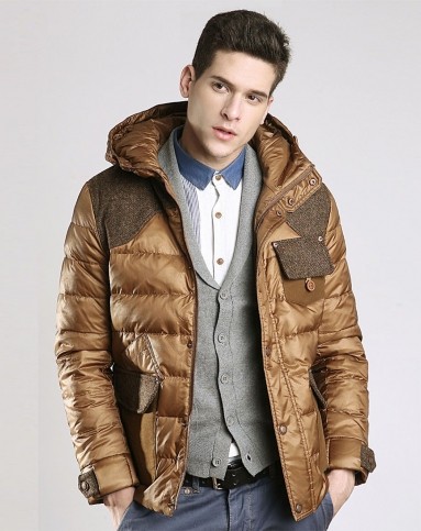 男款黄棕色成熟拼接长袖羽绒服