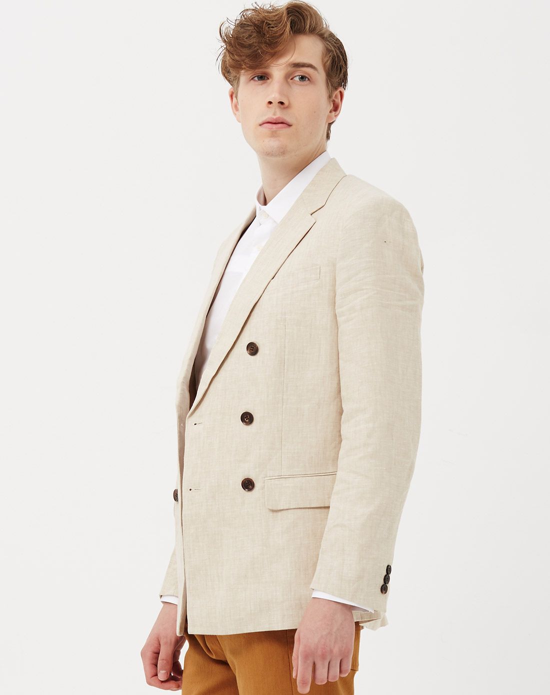 男款米色商务双排扣长袖休闲西服