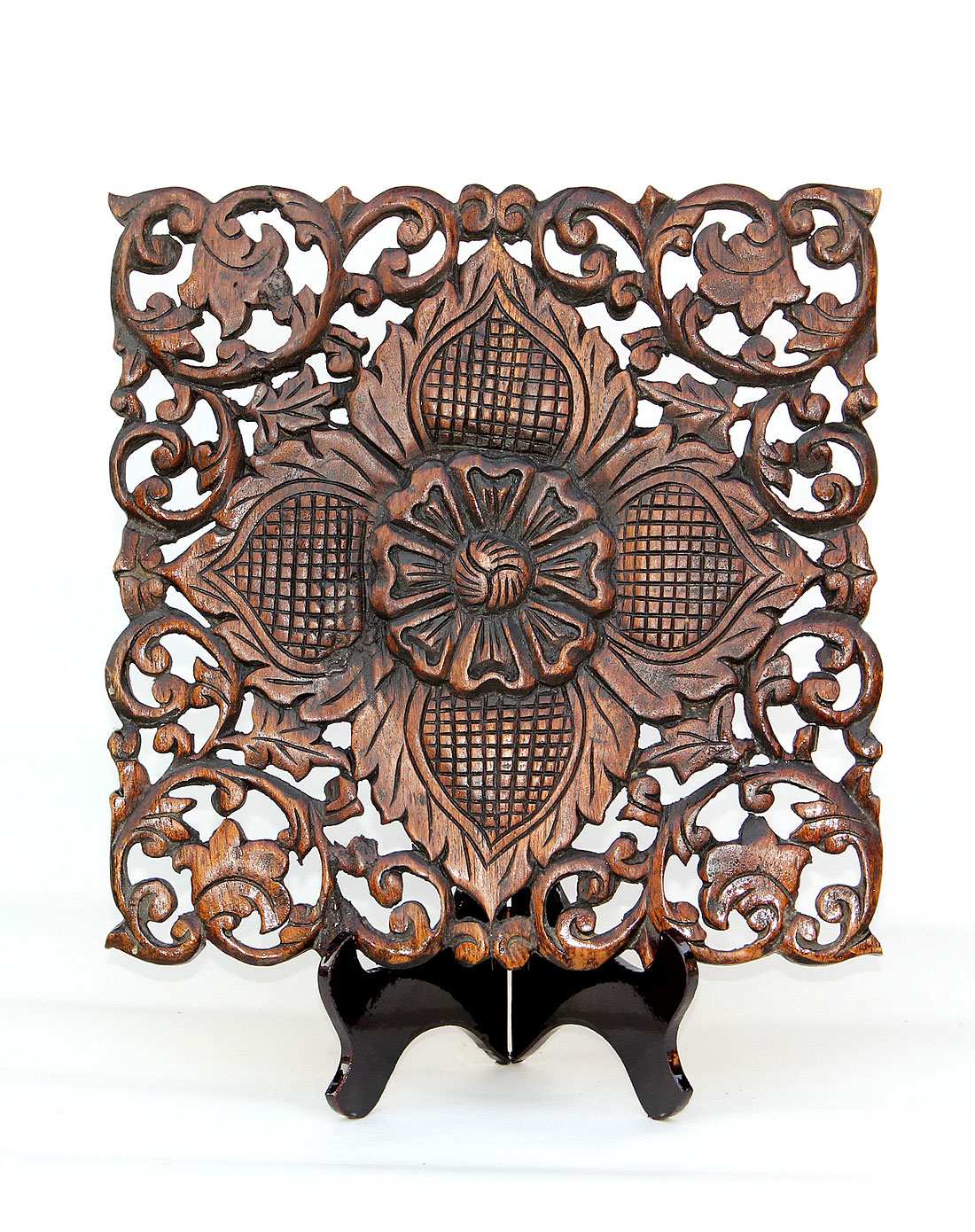 泰国芒果木正方形镂空雕刻摆件01