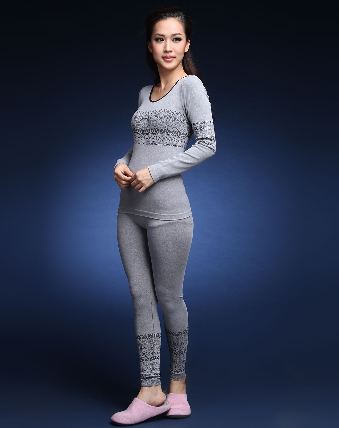 兰卓丽 灰色圆领长袖内衣套装