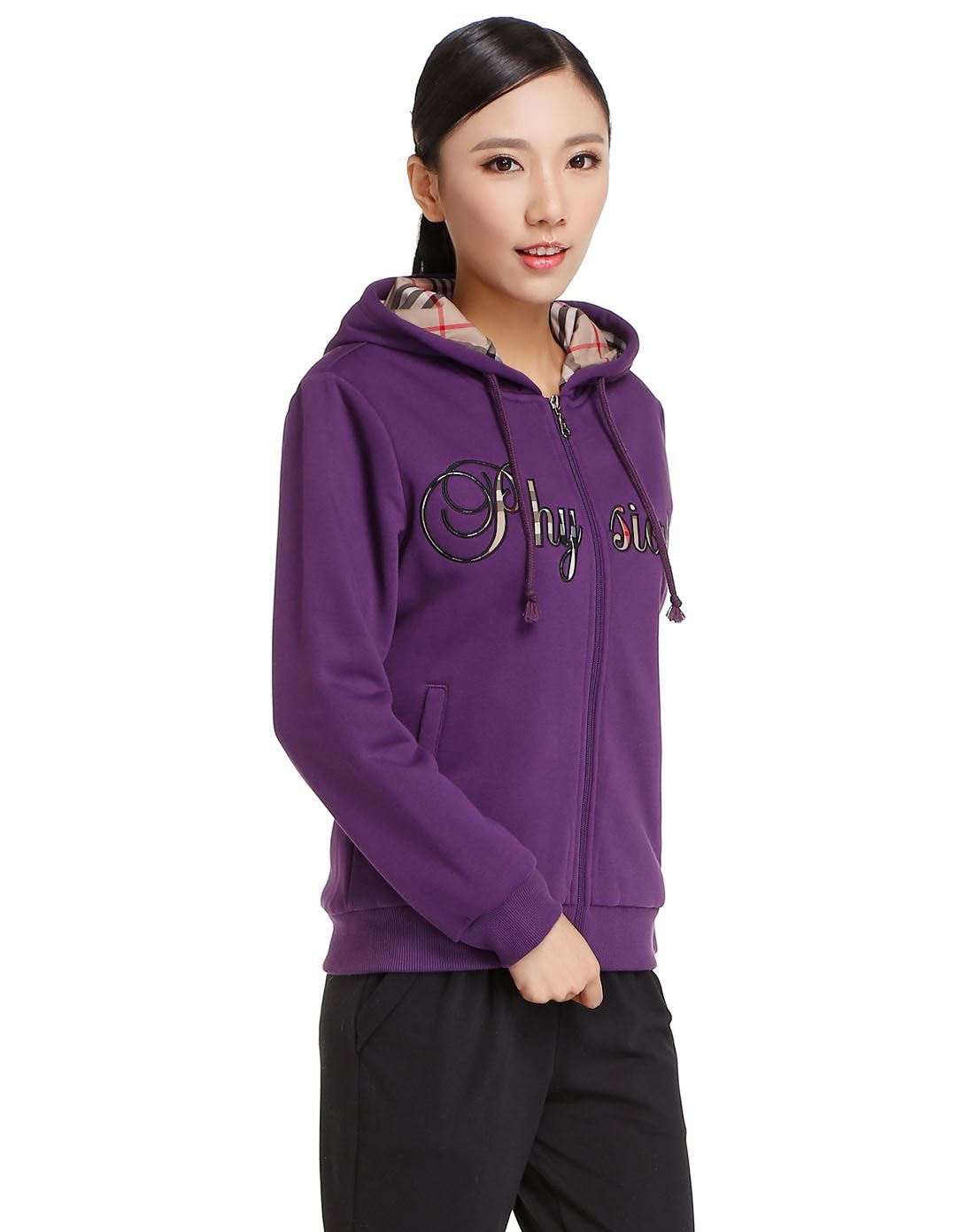 透湿柔软 女款暗紫色长袖外套 连帽新颖