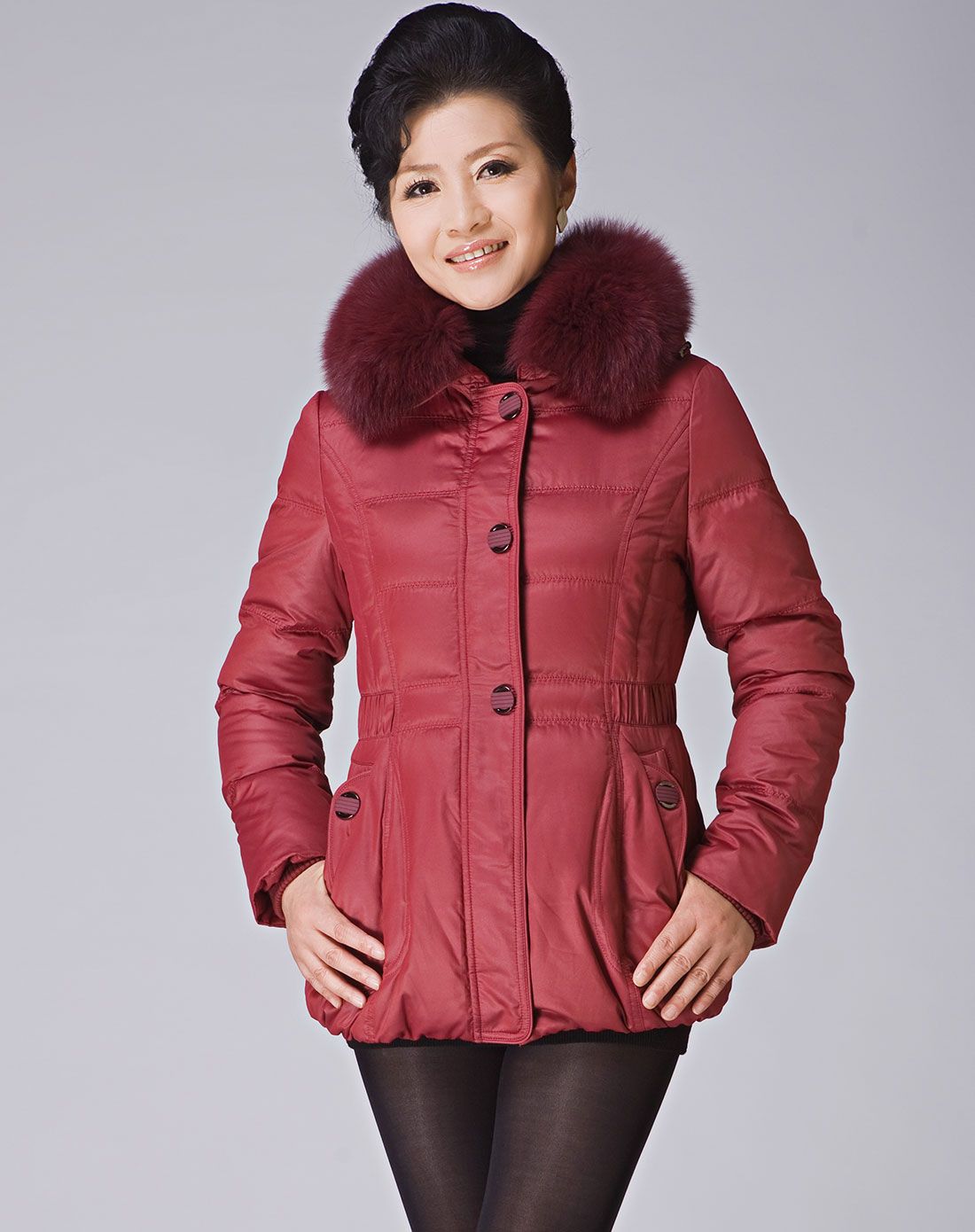 女款褐红色高贵优雅长袖羽绒服
