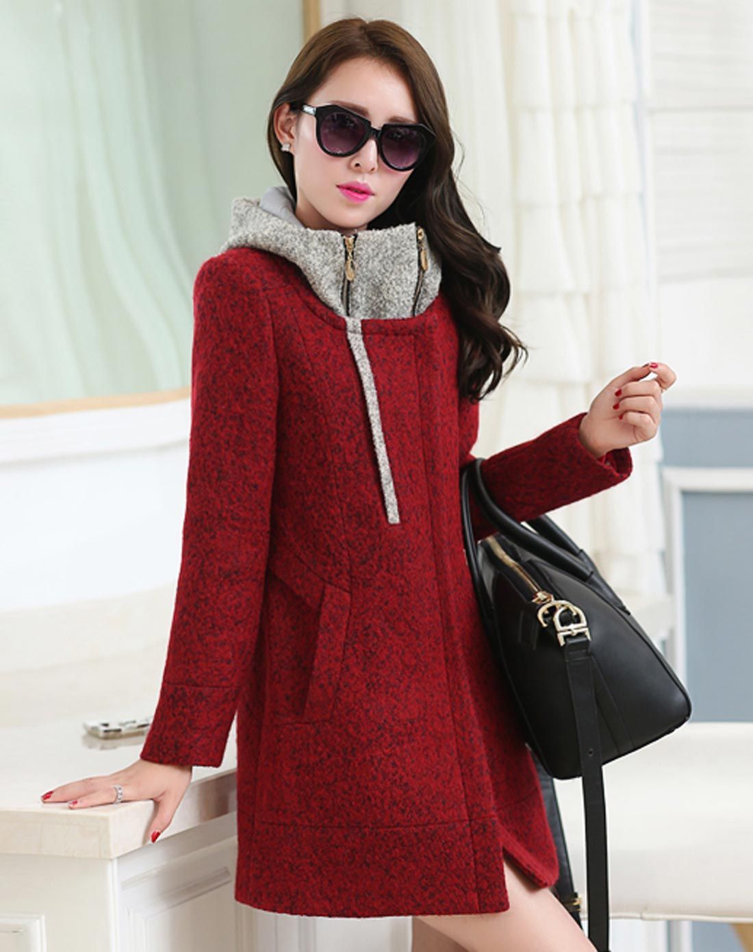 女暗红色韩版撞色中长款毛呢大衣