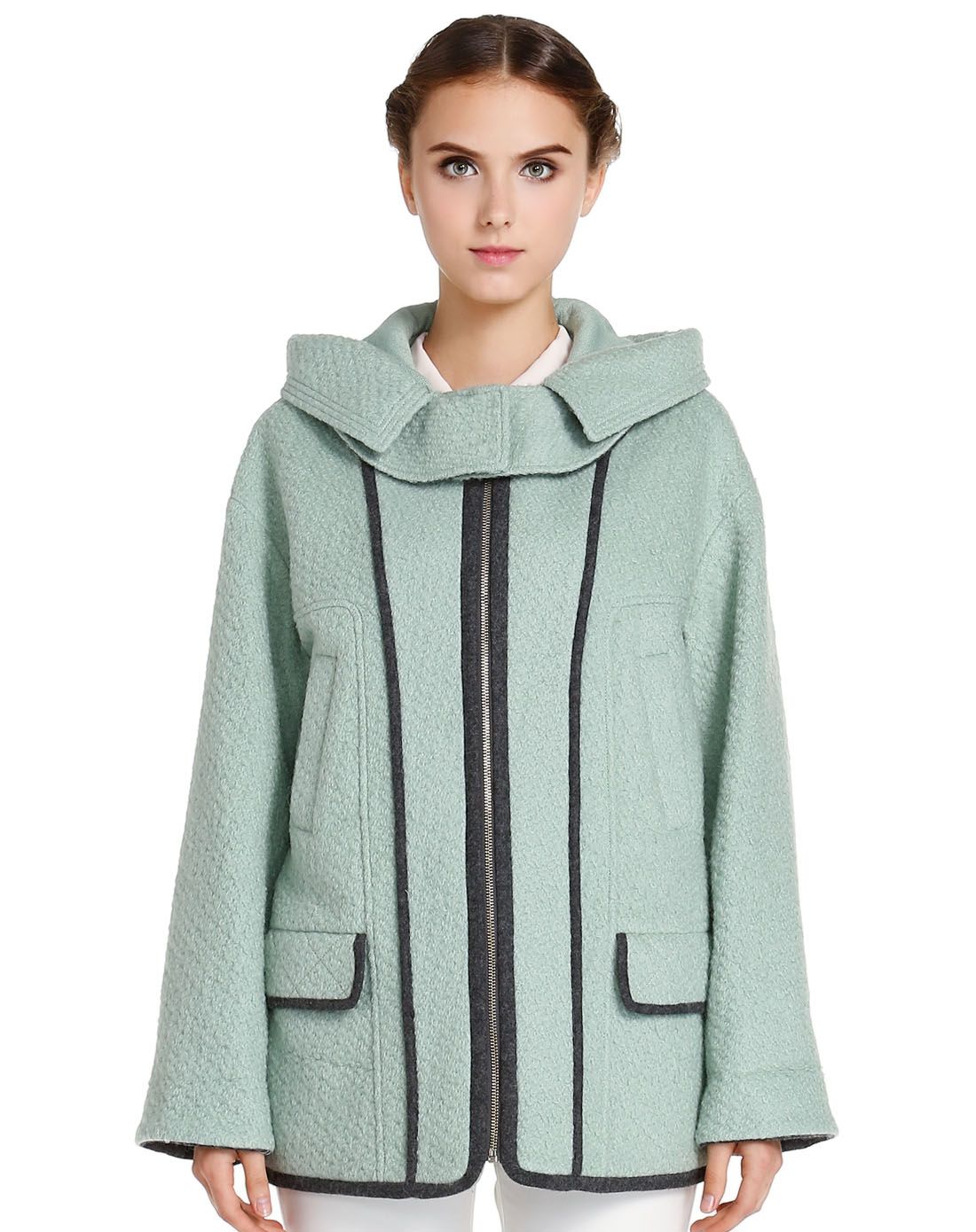 莱茵绿/灰色连帽时尚长袖大衣