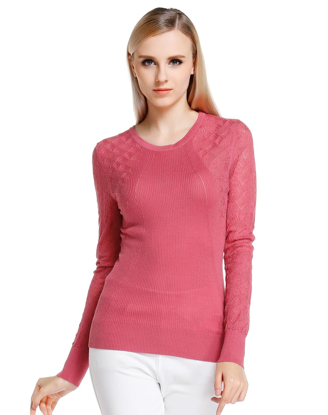 浅桃红色柔美修身长袖针织衫