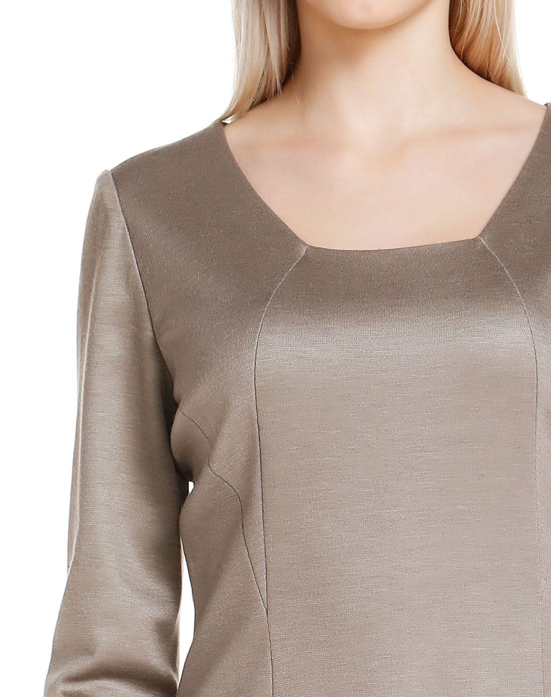 灰咖啡色典雅修身长袖连衣裙