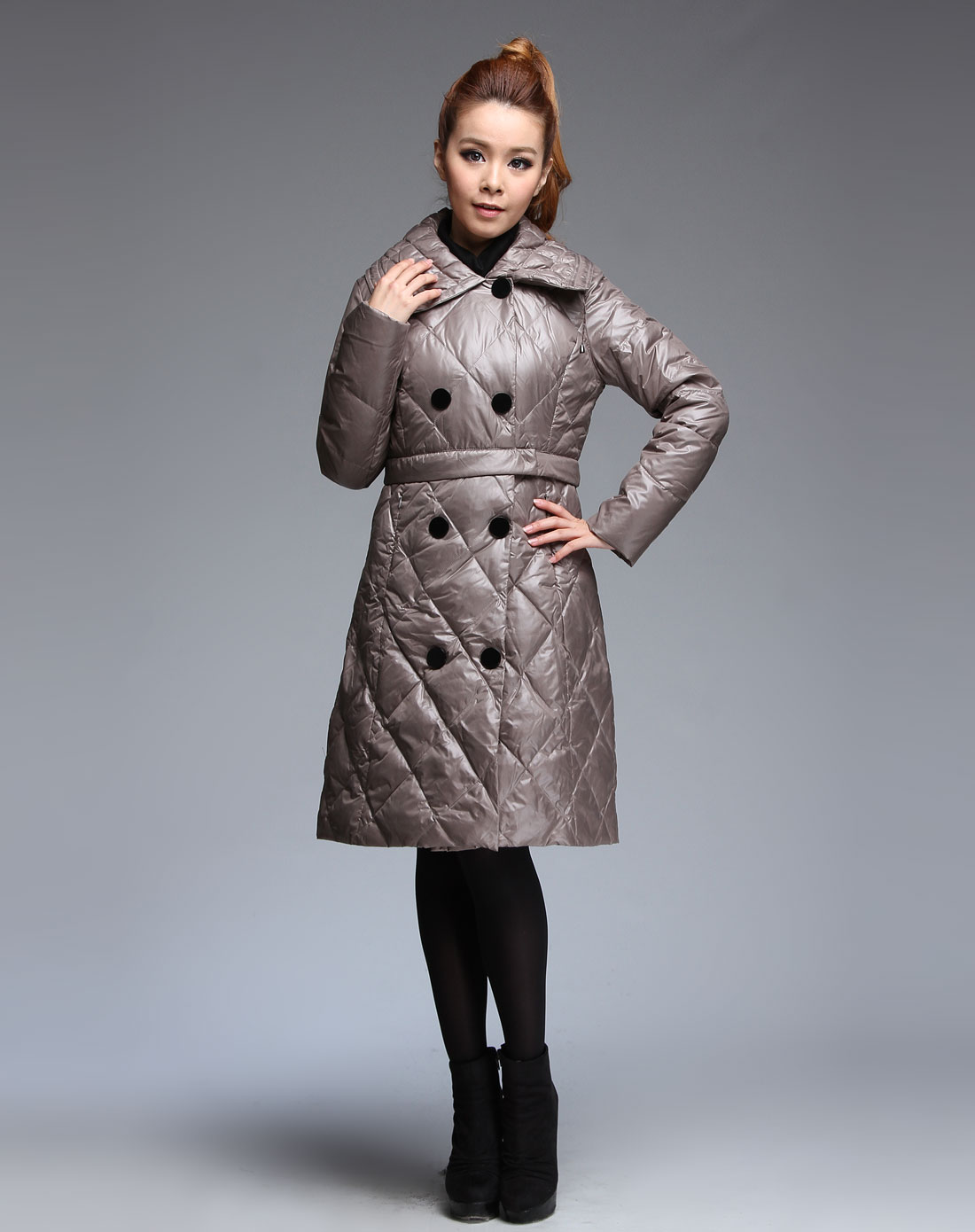 东隆donglong羽绒服专场-浅灰色大领双排扣时尚长袖羽绒服