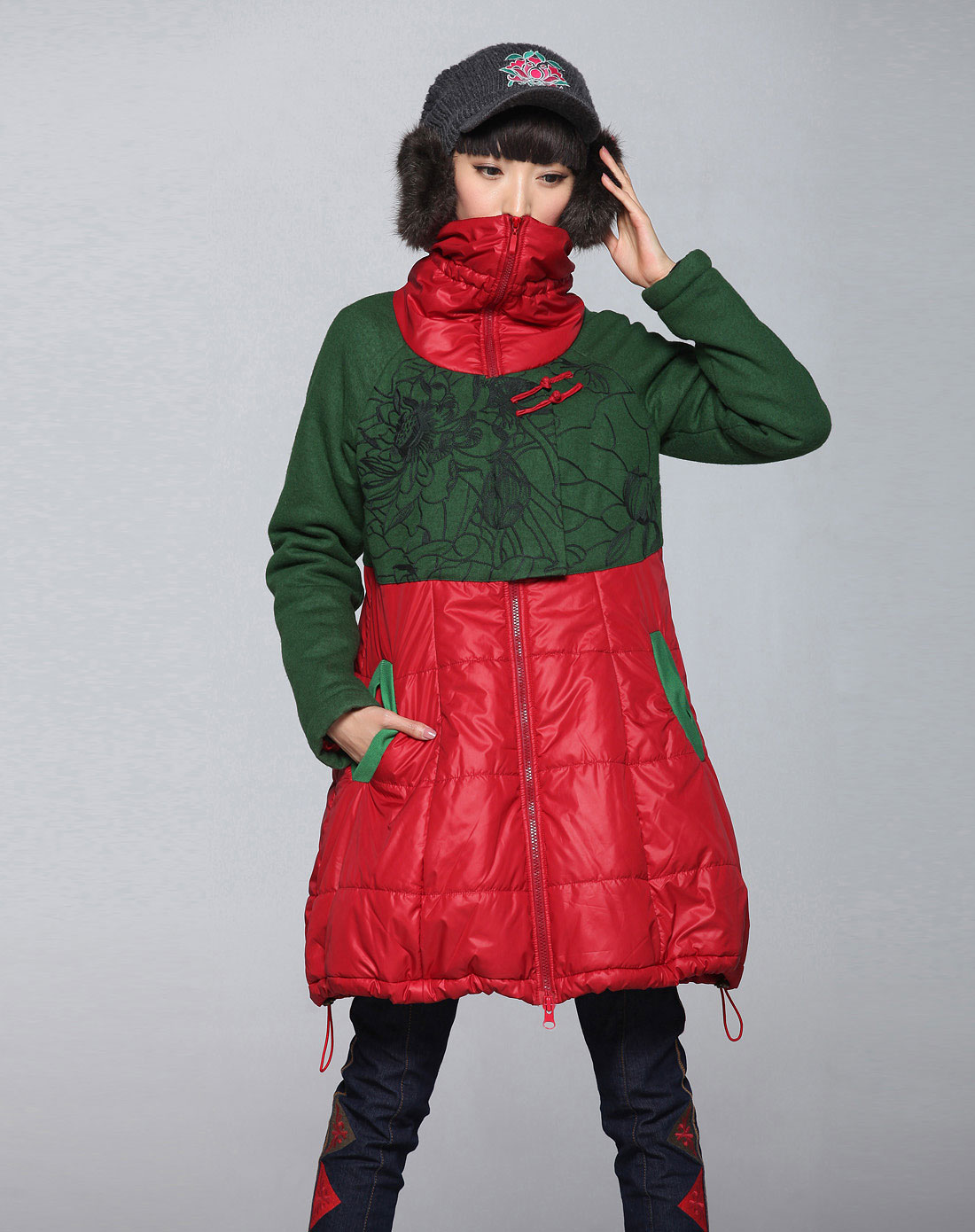 裂帛女装 红绿撞拼接长棉衣棉服24180017秋末冬初
