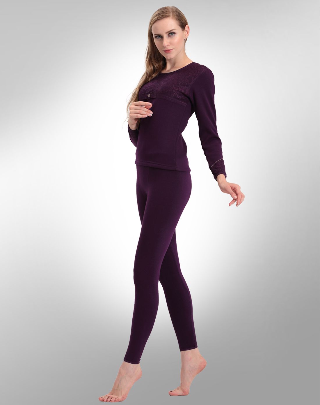 梦特娇女款典雅蕾丝保暖长袖内衣套装紫色